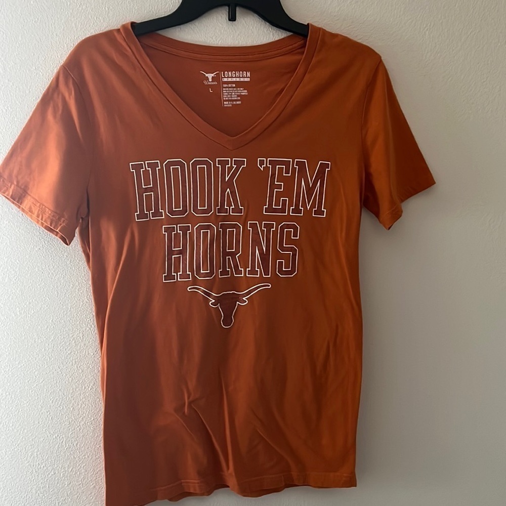 Longhorn Apparel women’s Sz L short sleeve V-neck‎ t-shirt Hook’em Horns